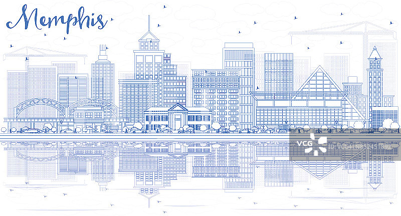 用蓝色建筑和倒影勾勒出孟菲斯的天际线。图片素材