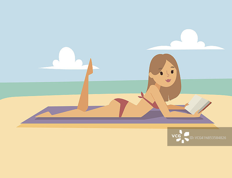 女人在海滩户外，夏天生活方式阳光乐趣假期快乐时光卡通人物矢量插图图片素材