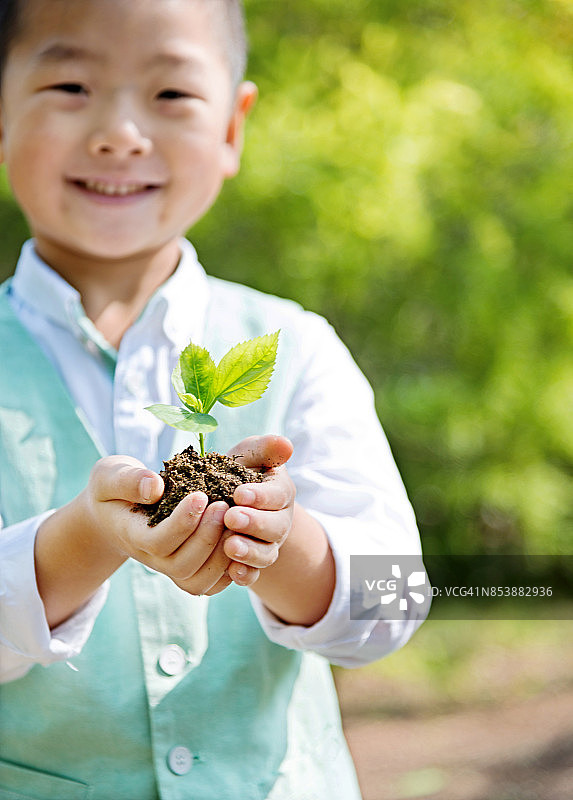 抱着植物的小男孩图片素材