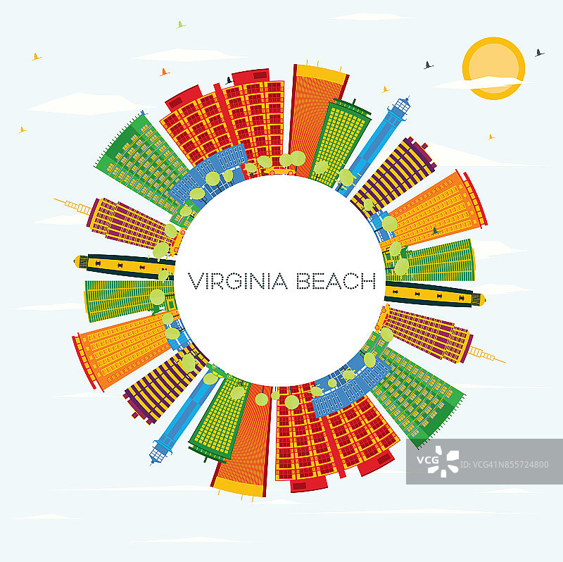 弗吉尼亚海滩天际线与彩色建筑，蓝天和复制空间。图片素材
