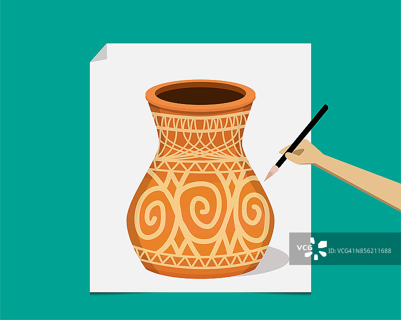 艺术家在纸上画古代陶器，矢量图片素材