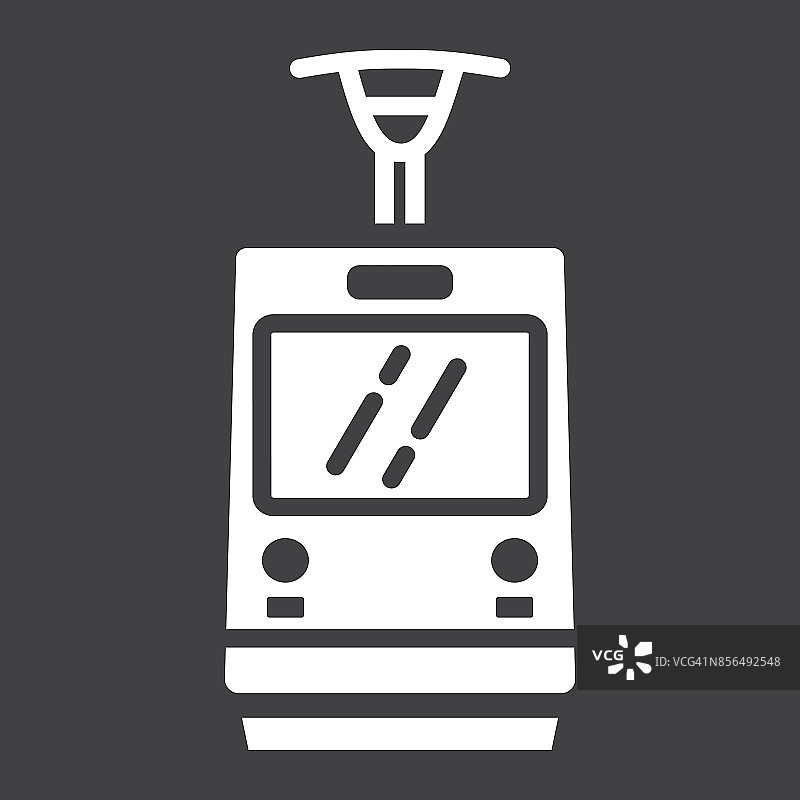有轨电车符号图标，交通和铁路，火车标志矢量图形，一个固体图案的黑色背景，eps 10。图片素材