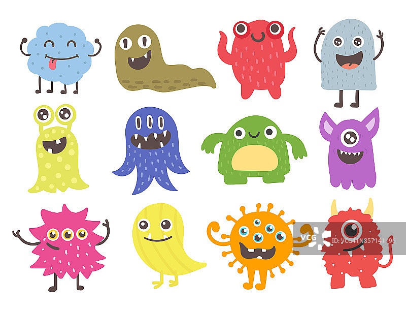 有趣的卡通怪物可爱的外星人角色生物快乐的插图魔鬼彩色动物向量图片素材