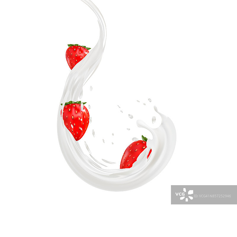3d草莓酸奶香精广告推广。牛奶飞溅与水果隔离白色。图片素材
