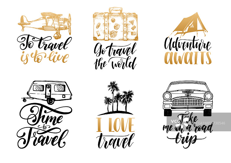 关于旅游的短语和旅游符号的草图的手写字母向量组。图片素材