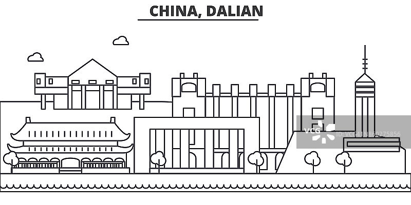 中国，桂林建筑线天际线插图。线性向量的城市景观与著名的地标，城市景观，设计图标。风景与可编辑的笔触图片素材