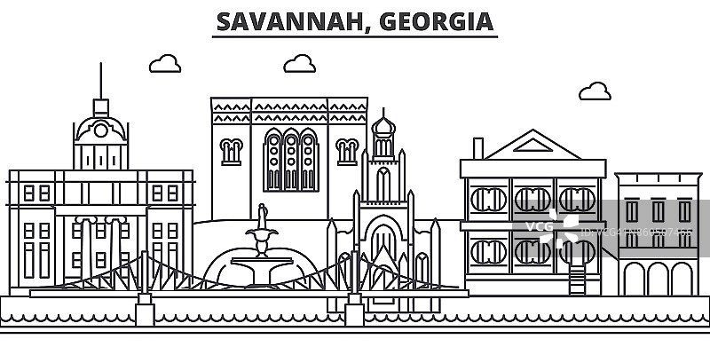 萨凡纳，乔治亚州建筑线天际线插图。线性向量的城市景观与著名的地标，城市景观，设计图标。风景与可编辑的笔触图片素材