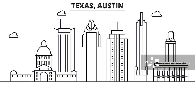 德克萨斯州奥斯汀建筑线天际线插图。线性向量的城市景观与著名的地标，城市景观，设计图标。风景与可编辑的笔触图片素材