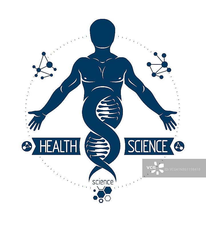 矢量插图的人类，运动员描绘为DNA符号的延续和创建与线框连接。生物工程和遗传学概念。图片素材