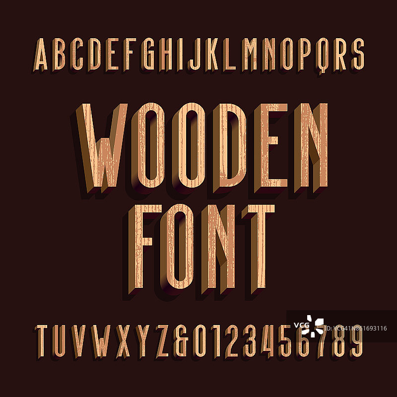 木材复古字母矢量字体。字母和数字。图片素材
