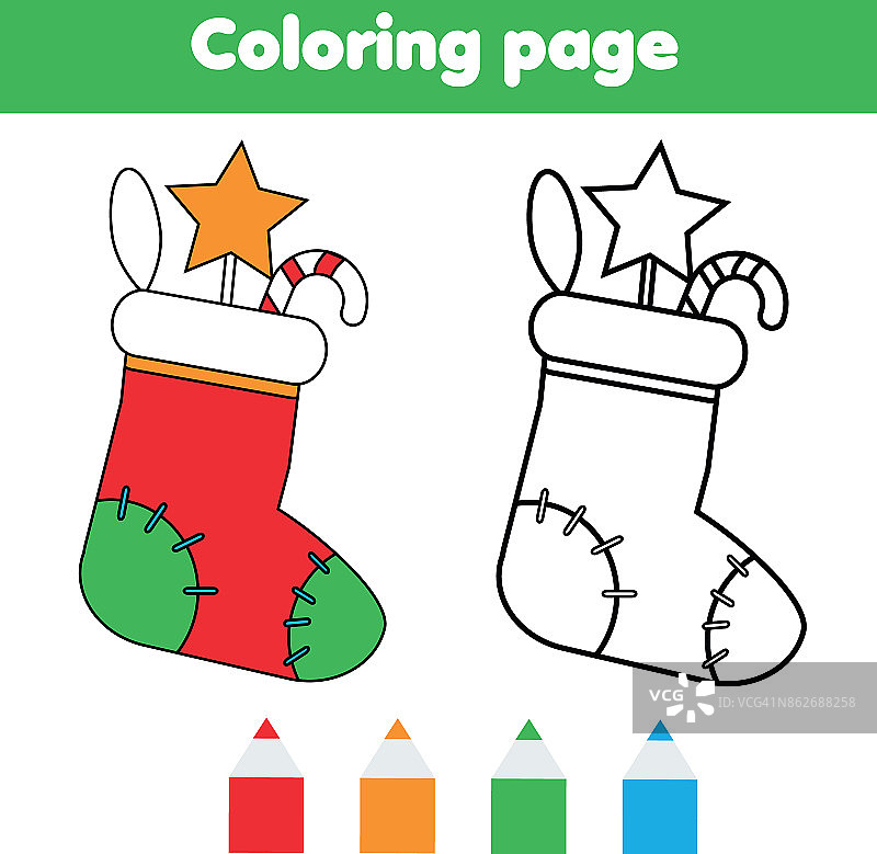 用带有礼物的圣诞袜涂色页。吸引孩子们的游戏。打印活动。新年寒假主题图片素材