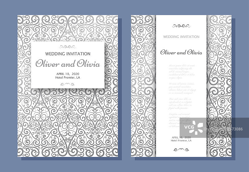 一套婚礼邀请模板。封面设计与银色锦缎饰品图片素材