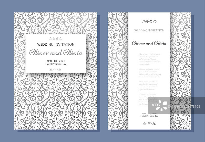 一套婚礼邀请模板。封面设计与银色锦缎饰品图片素材