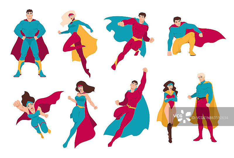 超级英雄的集合。一群拥有超能力的男人和女人。穿着紧身服装和斗篷的男女卡通或漫画人物。图片素材