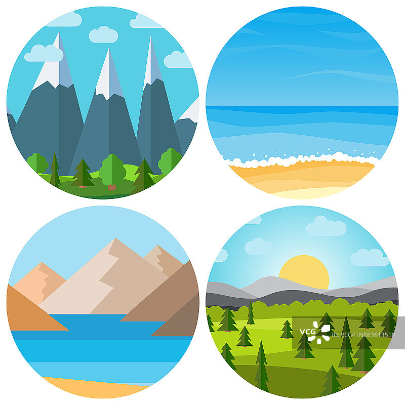 一组四个不同的矢量卡通景观在圆圈图片素材