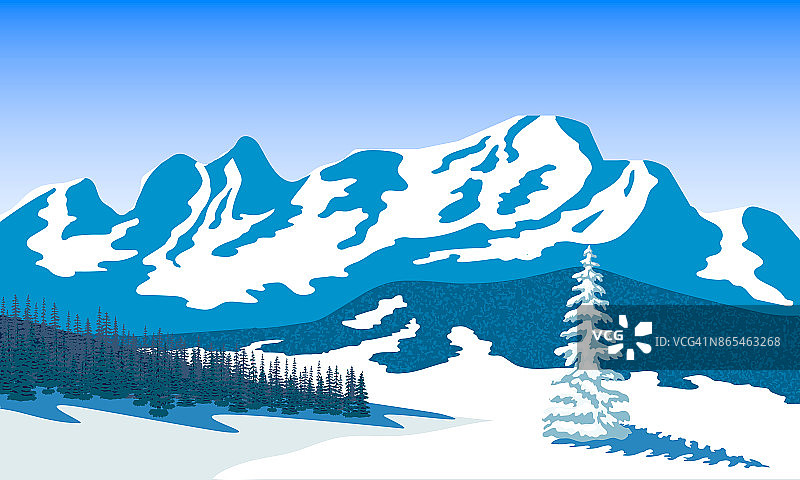 冬季景观与山和森林的剪影。雪和阴影。矢量图图片素材