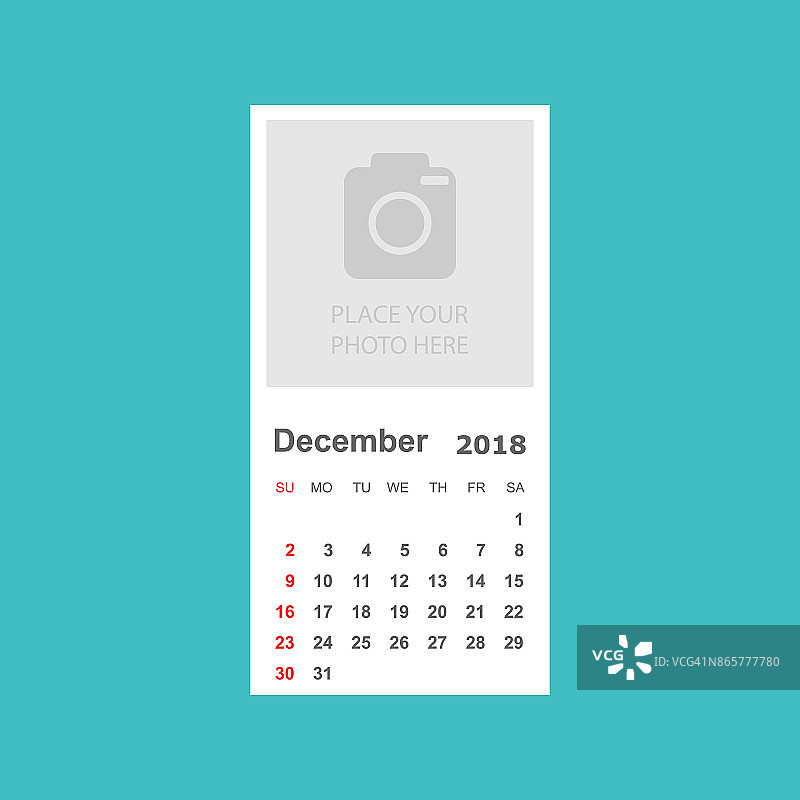 2018年12月日历。日历计划设计模板与地方的照片。一周从周日开始。业务矢量插图。图片素材