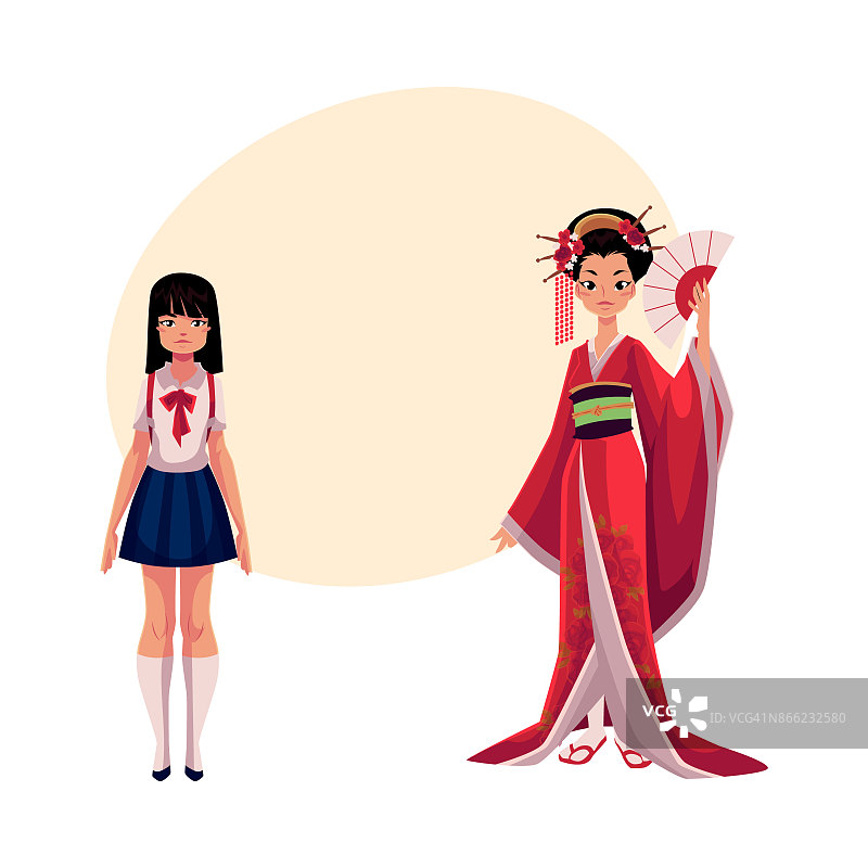 日本人——穿着历史和服的艺妓和典型的女学生图片素材