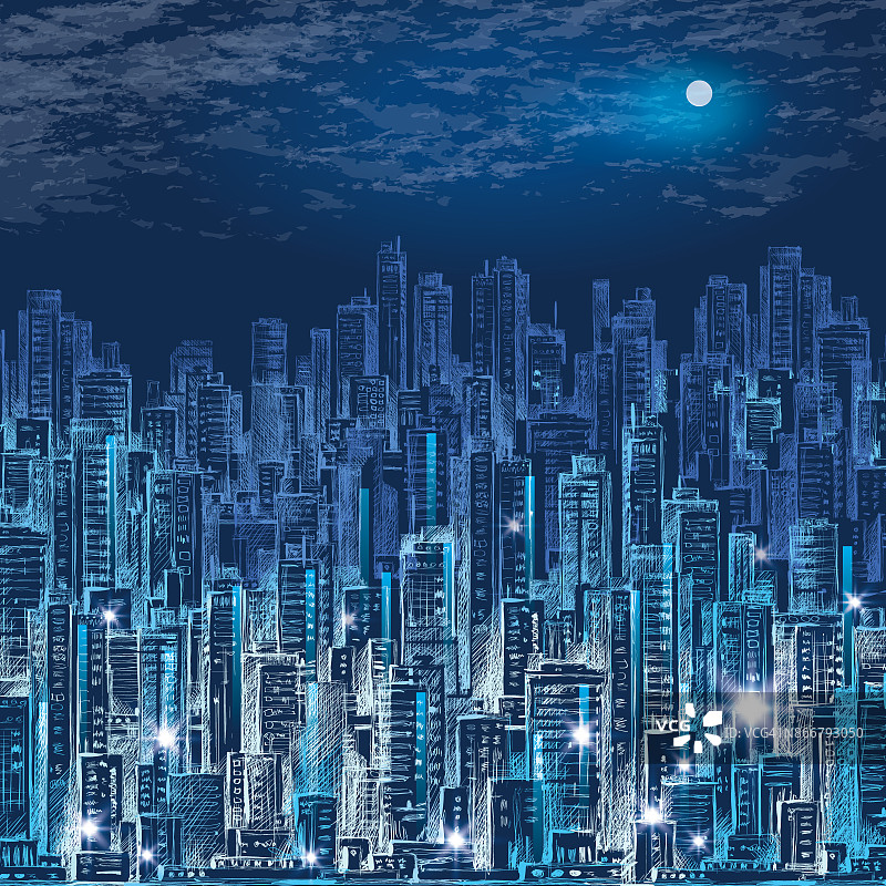 城市夜间手绘矢量图图片素材