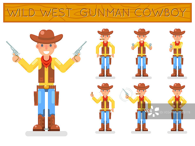 美国狂野西部复古枪手牛仔平面设计人物设置孤立图标矢量插图图片素材