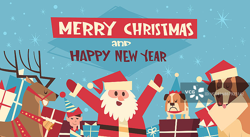 圣诞快乐和新年快乐海报有圣诞老人和戴着红帽子的狗图片素材