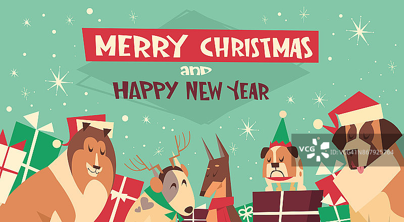 狗在圣诞老人帽子上的快乐圣诞和快乐新年贺卡假日海报设计图片素材