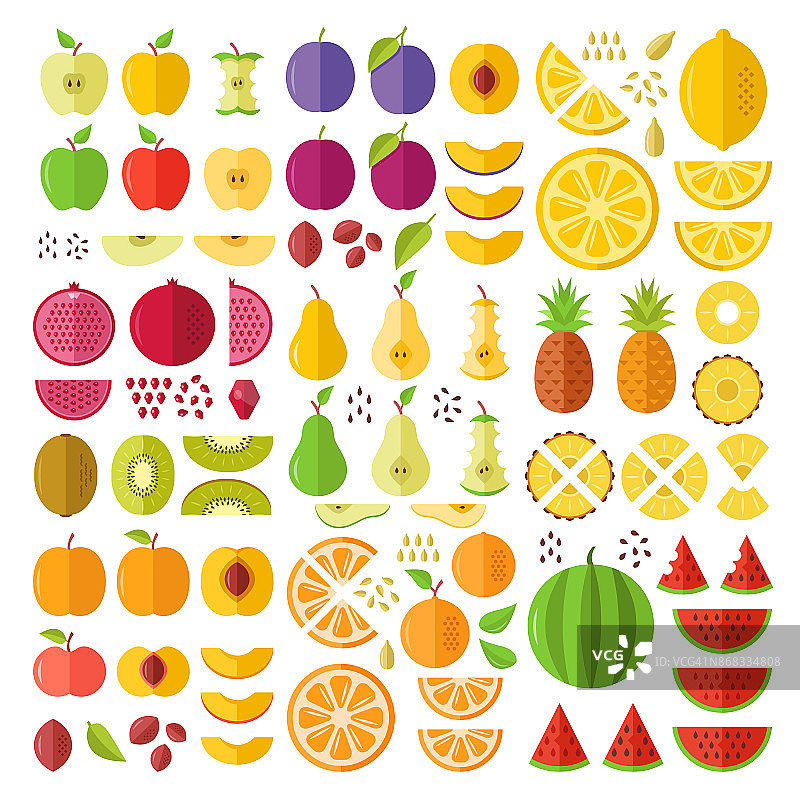 水果。平的图标集。整个水果，切片，切割，楔形，一半，种子，核等。平面设计图形元素。矢量图标图片素材