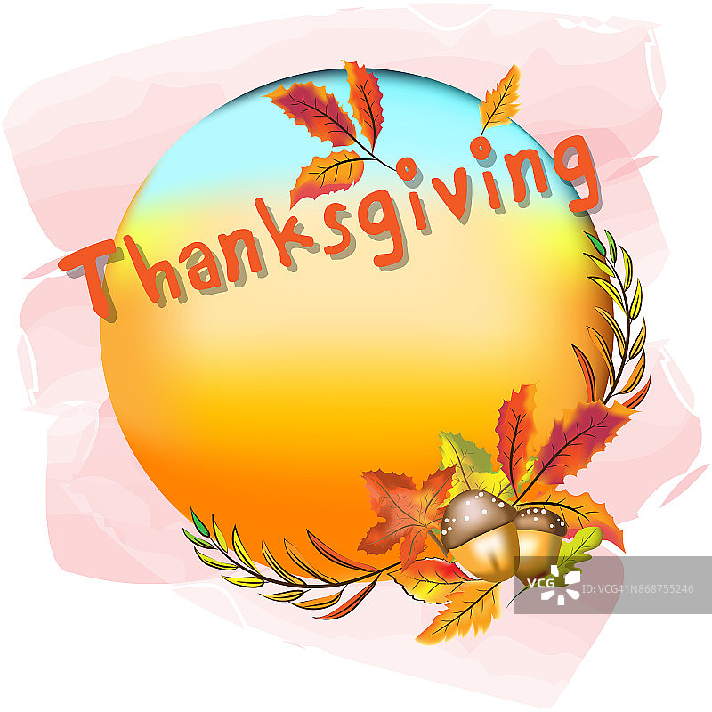 感恩节概念标签或背景与感恩节词，橡子，枫叶和冬季森林叶与蓝色和橙色梯度背景，矢量和插图图片素材