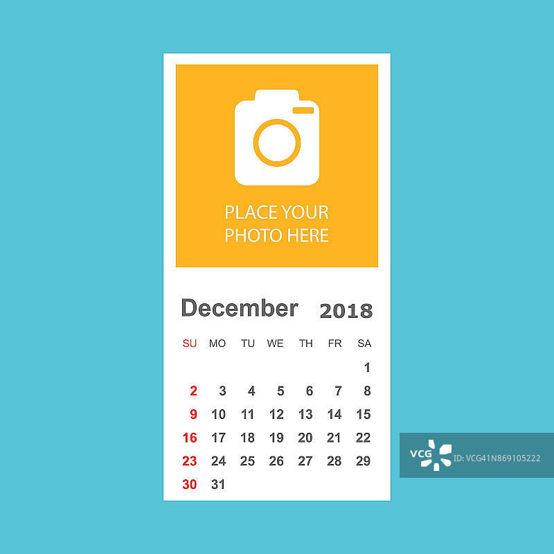 2018年12月日历。日历计划设计模板与地方的照片。一周从周日开始。业务矢量插图。图片素材