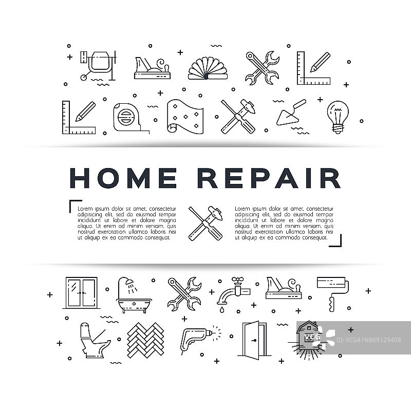 家庭维修传单建筑海报。房屋改建细线艺术图标。向量图片素材
