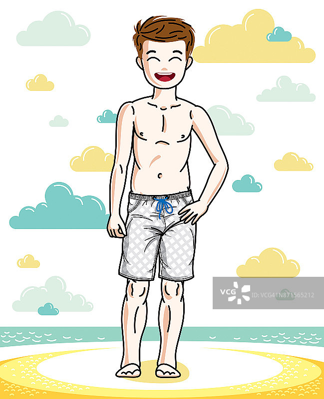 漂亮漂亮的年轻男孩穿着时尚的沙滩短裤。向量图片素材