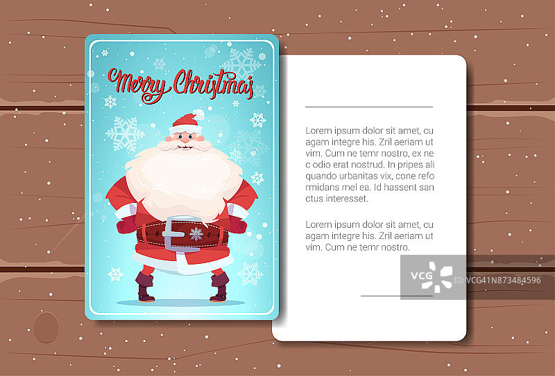 圣诞贺卡设计与圣诞老人形象和空间的文字在木制纹理背景图片素材