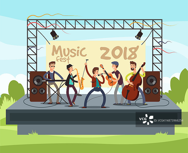 户外夏季音乐节与流行音乐乐队演奏音乐户外舞台矢量插图图片素材