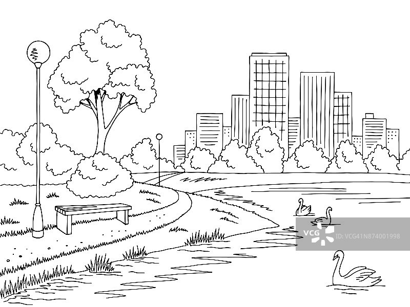 公园湖图形黑白景观素描插图矢量图片素材