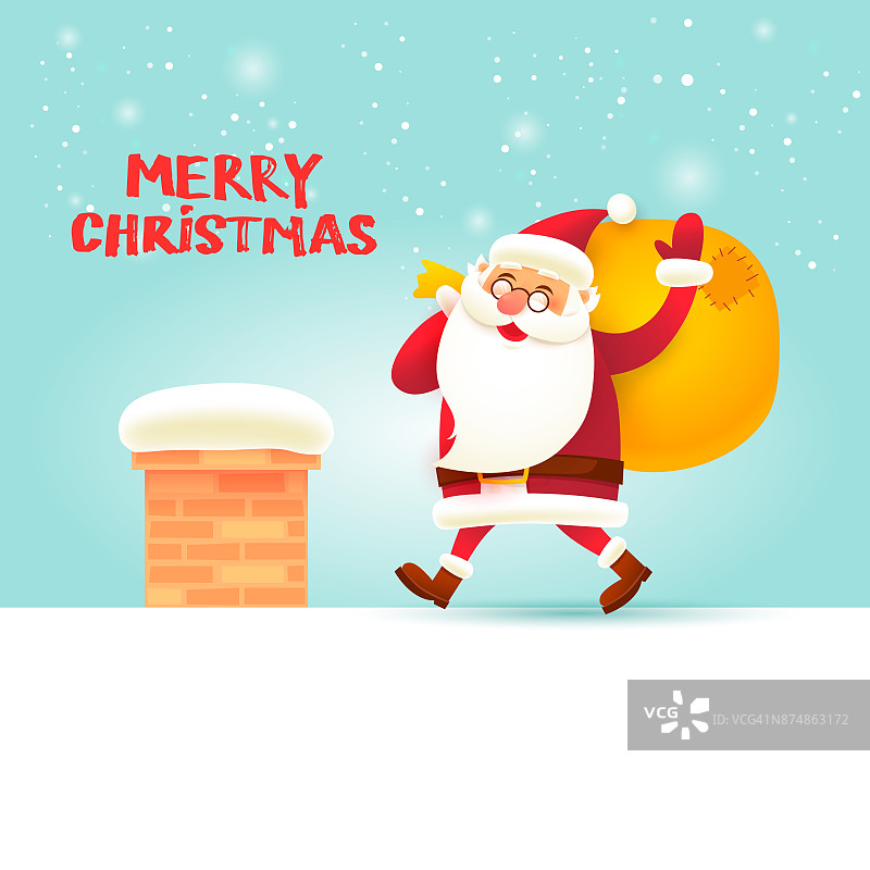 圣诞老人带着袋子在屋顶上行走。圣诞快乐，恭贺新禧。平面设计矢量插图。图片素材