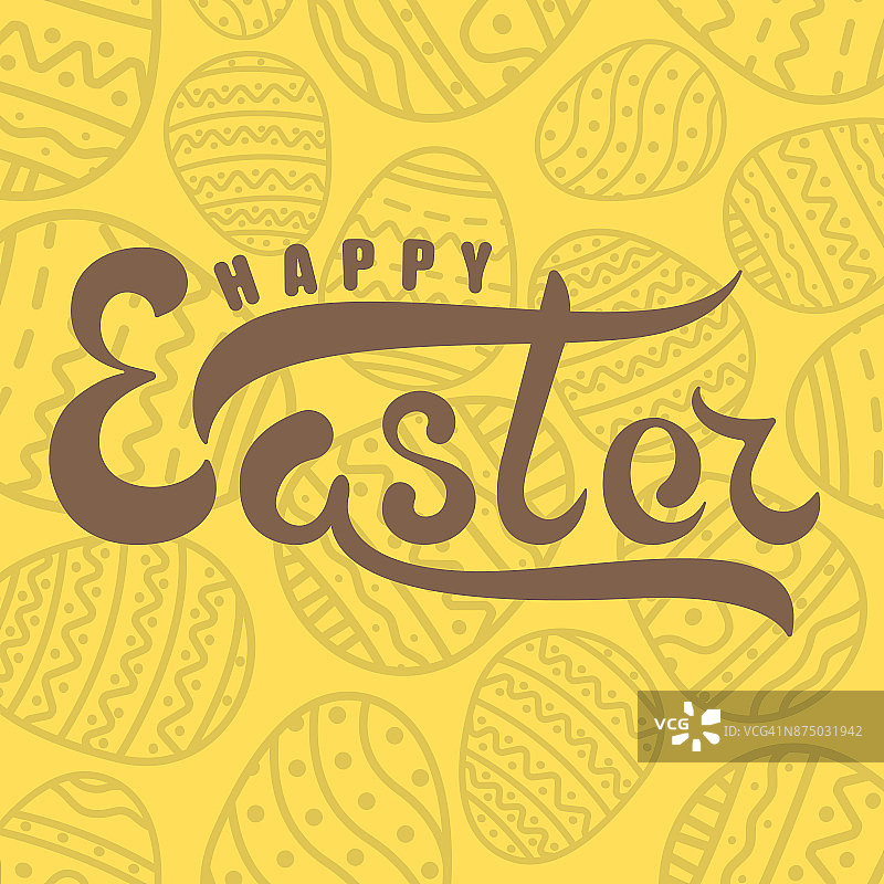 手写字母快乐复活节在背景黄色复活节彩蛋与装饰图片素材