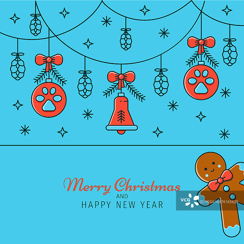 圣诞节和新年的问候和邀请卡，海报，横幅，标题的概念。冬季插画与姜饼人的性格和装饰:铃铛和树球与狗的脚步。图片素材