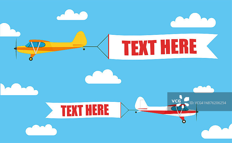 飞行的广告横幅，拉着一架轻型飞机与你的题词'TEXT HERE' -股票向量。图片素材