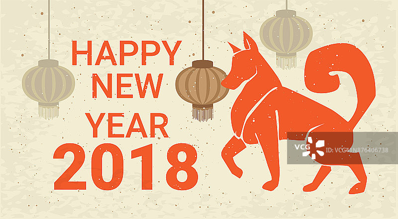 2018年新年快乐海报狗和中国灯笼与十二生肖象征节日卡图片素材