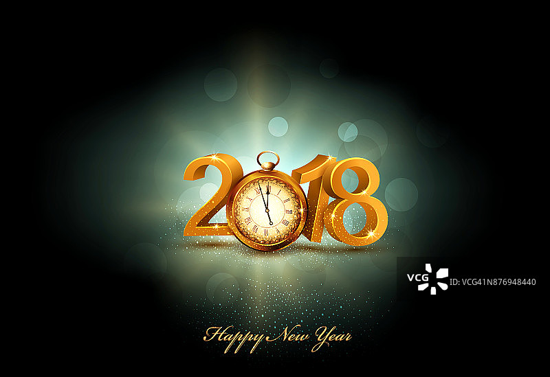 矢量插图。3d黄金数字2018，在黑暗的背景上用一个旧时钟代替零。新年的复古假日背景。元素为新年贺卡的设计图片素材