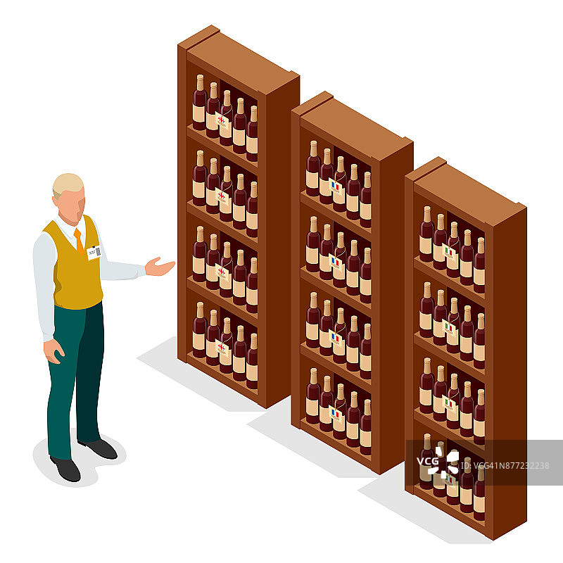 等距肖像的成年男性销售者在葡萄酒商店展示一瓶葡萄酒给顾客。矢量插图孤立在白色背景图片素材