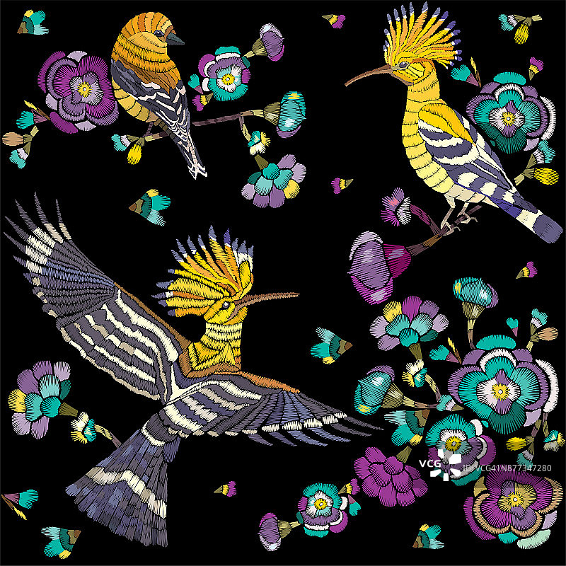 在黑色背景上刺绣的鸟和花。图片素材
