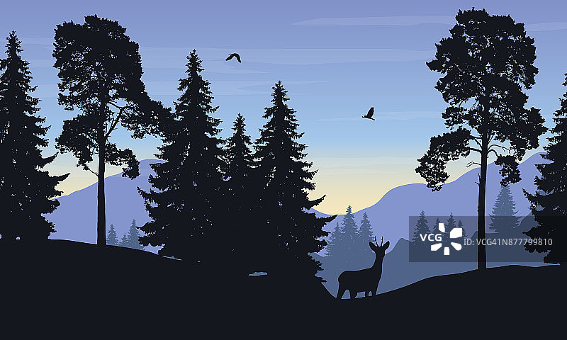 现实的矢量插图的山景观与森林，鹿和鹰图片素材
