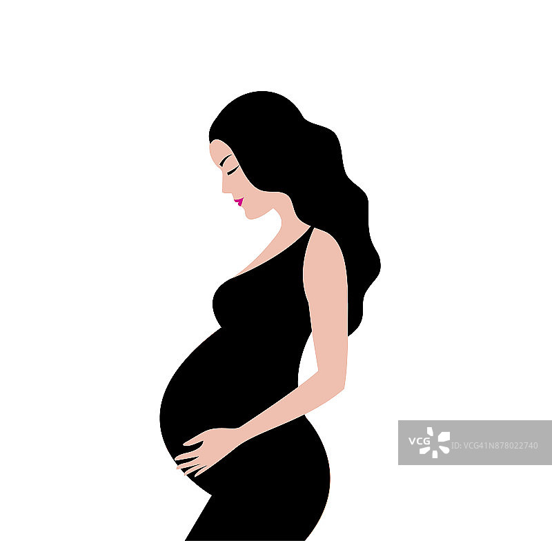 简单可爱的彩色矢量插图怀孕的黑发女人在黑色的裙子。图片素材
