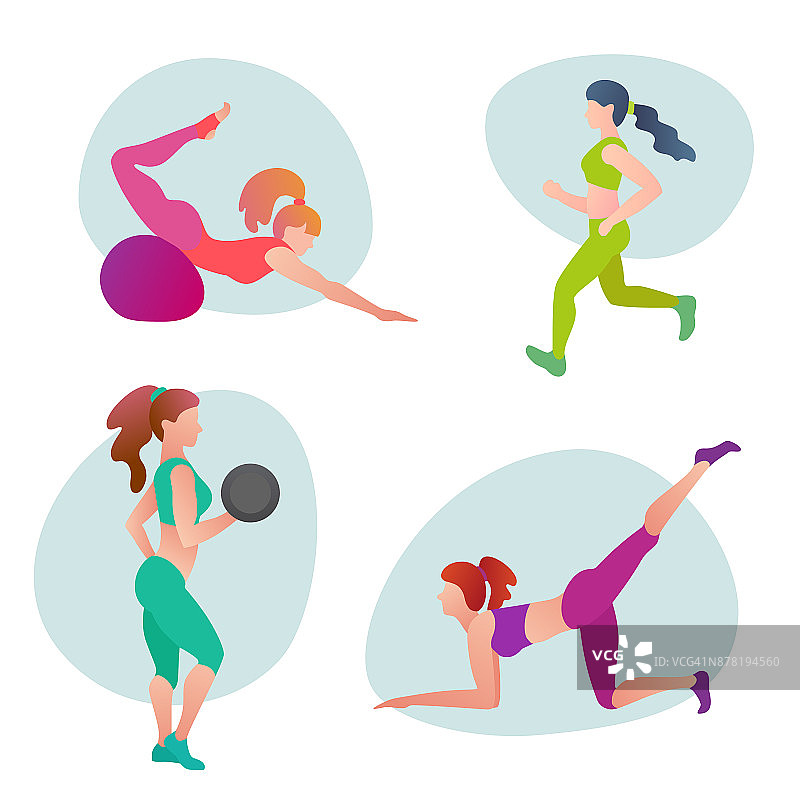 一组妇女穿着运动服在做运动。健身运动的概念。运动训练。健康的生活方式。矢量插图在一个平坦的风格与时尚的梯度填充。图片素材