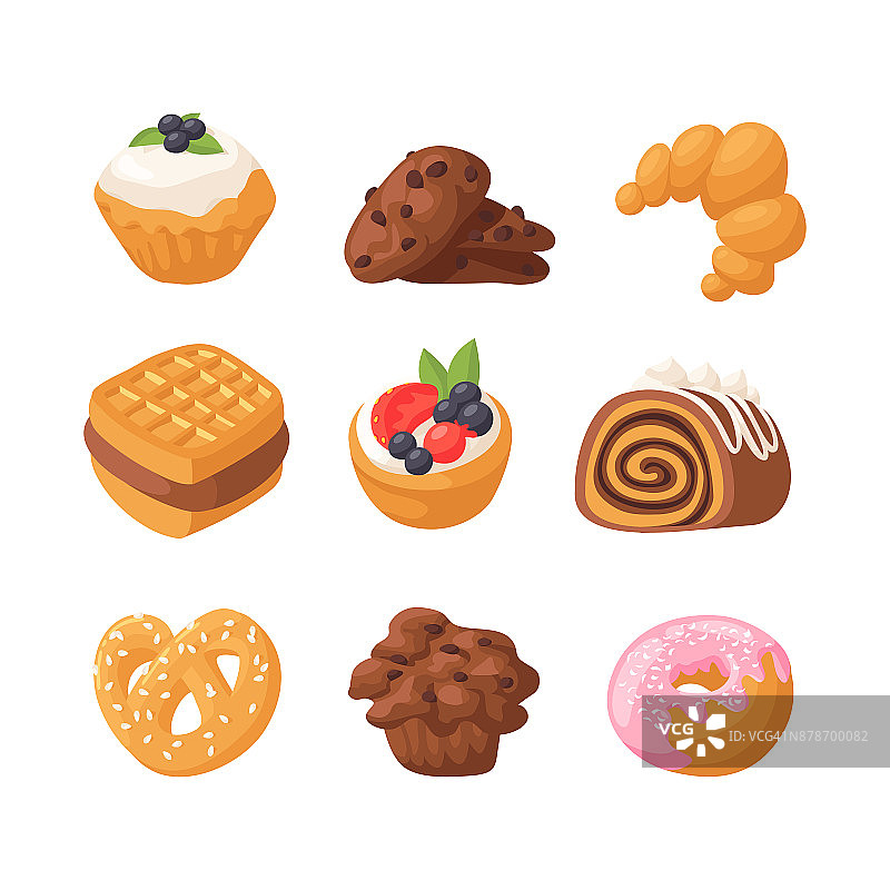 饼干蛋糕美味的零食美味的巧克力自制糕点饼干甜甜点烘焙食物矢量插图图片素材