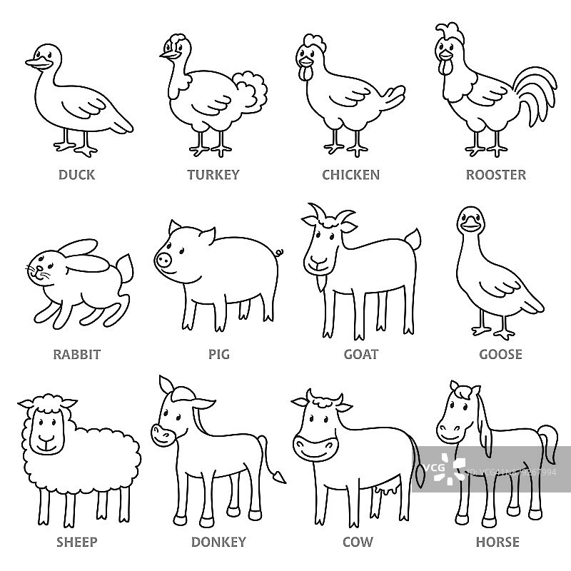套孤立卡通农场动物在线风格图片素材