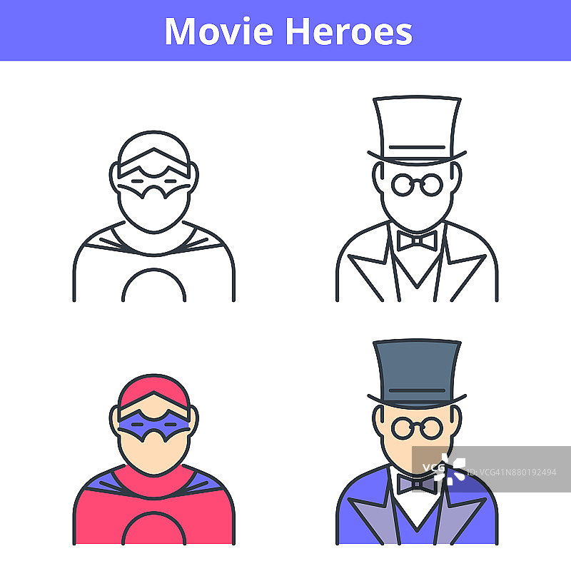 平面和线性矢量化身设置:电影和漫画英雄。图片素材