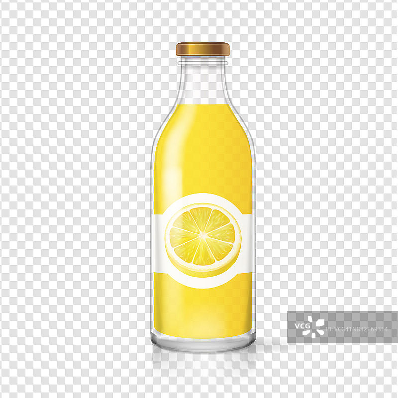 带有果汁标签的柠檬汁玻璃瓶。水果饮料包装。向量现实图片素材