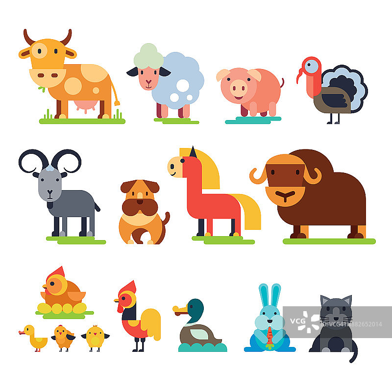农场动物载体设置家畜养殖人物牛和羊，猪，火鸡，狗，马和猫农民动物插图孤立在白色的背景图片素材